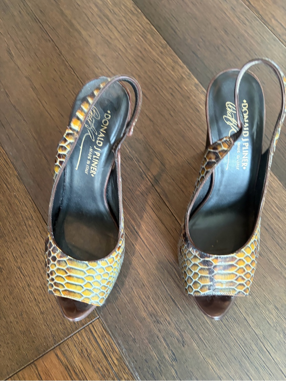 Donald J. Pliner Brown and Yellow Snake-Print Peep-Toe Slingbacks